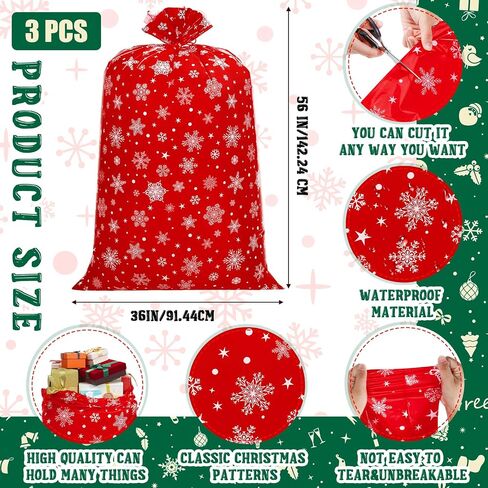 3 Pieces 56 Inch Extra Large Christmas Gift Bag Oversized Holiday Plastic Gift Bags Jumbo Gift Wrapping Bags Storage Bag for Xmas Party Favors Supplies Gift Wrapper Heavy Duty Bag (Snowflake Style) in Saudi Arabia
