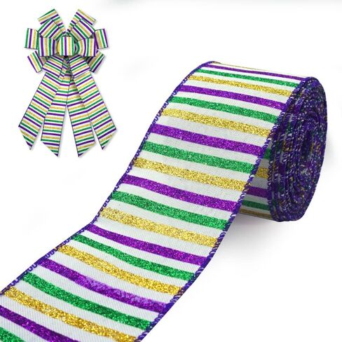 شريط قماش ALIBBON Mardi Gras مقاس 2.5 بوصة × 10 ياردات أشرطة حافة سلكية شريط لامع أصفر أرجواني أخضر لأكاليل الكرنفال والحفلات التنكرية DIY صياغة الهدايا وتغليف ديكور الحفلات in Kuwait