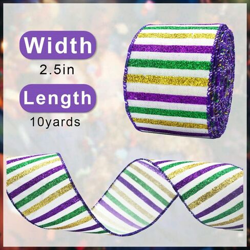 شريط قماش ALIBBON Mardi Gras مقاس 2.5 بوصة × 10 ياردات أشرطة حافة سلكية شريط لامع أصفر أرجواني أخضر لأكاليل الكرنفال والحفلات التنكرية DIY صياغة الهدايا وتغليف ديكور الحفلات in Kuwait