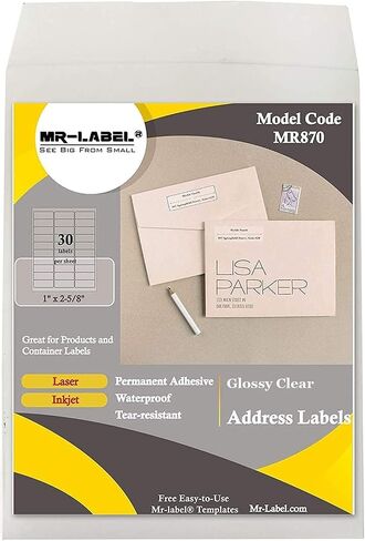 Mr-Label 1" x 2-5/8" Glossy Frosted Clear Address Labels - Waterproof and Tear-Resistant - for Inkjet & Laser Printer - for Envelope | Gift Bag | Bottle| Bar Code (10 Sheets Total 300 Labels) in Kuwait