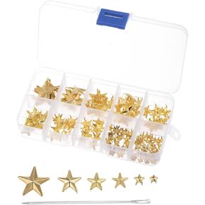 uxcell 120PCS Metal Star Studs Claw 5-Claw Golden Hand Pressed Punk Studs Claw Beads Rivets Studs Cap Nail Head with Large Eye Needles for DIY Leather Clothing Bag Shoes