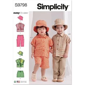 Simplicity Easy Toddlers' Button-Front Top, Pants, Shorts and Hat Sewing Pattern Packet, Design Code S9798, Sizes 1/2-1-2-3-4, Multicolor