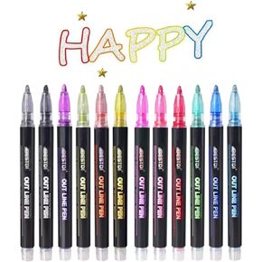 Super Squiggles Outline Markers Set, 12 Colors Shimmer Marker Set, Double Line Markers Outline Pens Metallic Markers Pens for Christmas Card Writing, Birthday Greeting, Painting, DIY Art Crafts