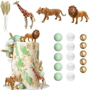 Realistic Safari Jungle Animal Cake Toppers with Balls Cake Decorations for Wild Themed Birthday Baby Shower Party Supplies (Green white)