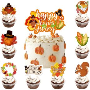 Thanksgiving Cake Toppers Kits 73PCS Fall Cupcake Toppers Turkey Pumpkin for Festival Party Cupcakes Decoration Harvest Day Cake Decor