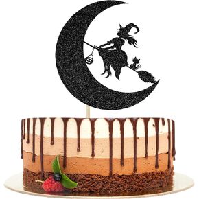 Witches Cake Topper, Witch and Moon Halloween Cake Decorations, Halloween Ghost Happy Halloween Party Decorations Black Glitter