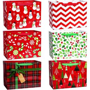 12 Pcs 13" Extra Large Kraft Paper Christmas Gift Bags Bulk with Handles Snowman Christmas Tree Holly Plaid Shopping Tote Bags for Xmas Holiday Gift Goodie Treat and Party Favors,6 Patterns