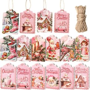 120 Pcs Pink Vintage Christmas Paper Gift Tags with String Winter Gift Tags Hanging Paper Tags for Christmas Tree Winter Holiday Wish Labels