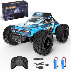 Remote Control Car, All Terrain Remote Control Truck for Boy, 2.4GHz Rc Car with Led Headlight and Two Rechargeable Batteries, 20KM/H Monster Truck Toys Gift for Adult Boys 8-12