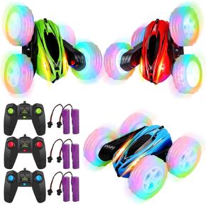 PULLAFUN 3 Pack Remote Control Car Toys for Kids, 2.4GHz RC Stunt Cars with Wheel Lights, Drift High Speed 4WD Off Road Double Sided 360° Rotating Cars, for Boys Girls