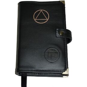 Black Leather Alcoholics Anonymous Big Book Cover AA Symbol and Medallion Holder