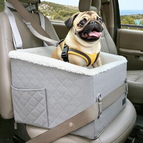 PETSFIT Small Dog Car Seat, Soft Foam Dog Booster Car Seat with Patented Safety Buckles, Storage Pockets and Detachable Clip-On Safety Leash, Dog Car Seat for Medium Dogs 30 LBS (Grey)
