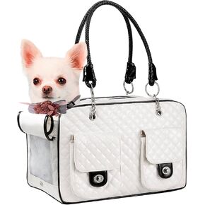 Fashion Pet Carrier, Small Dog Carrier, Cat Carrier, Quality PU Leather Dog Purse, Collapsible Portable Pet Carrying Handbag for Travel Walking Hiking - White
