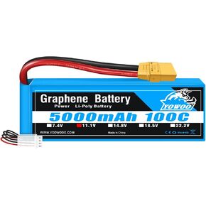 Yowoo 3S Lipo Battery 5000mAh 11.1V 100C 3 Cell Graphene Battery with TR Plug for RC Cars Boat Airplane Helicopter Quadcopter Slash 4x4 vxl E-maxx Brushless Axial e-revo and Spartan Models (2 Pack)