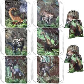 12 Dinosaur Party Favors Bags Dinosaur Drawstring Gift Dino Birthday Party Supplies Goody Bags Dino Goodie Treat Backpack for Kid Boy Girl Gift Candy Snack School Travel Storage