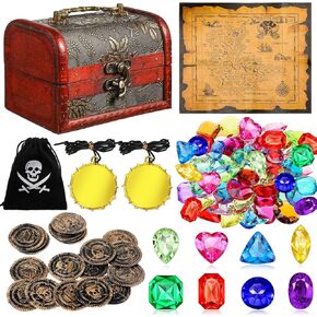 Yookeer 88 Pcs Pirate Treasure Chest for Kids, Antique Color Big Treasure Chest Box, Hunt Map, Gold Coins, Necklaces, Gems for Pirate Themed Party Favors(Vintage Style)