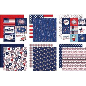Americana Scrapbook Paper - Patriotic Scrapbook Paper 12x12 inch with Red, White, Blue Design | Set of 6 Double Sided Patriotic Cardstock for United States of America Themed Scrapbook, Album, Journal