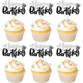 Ephlyn 24Pcs Happy Birthday Cupcake Toppers Double Layer Glitter Happy Birthday Cake Decorations for Celebrating Baby Shower Theme Kids Boys Girls Birthday Anniversary Party Supplies Rose Red Pink