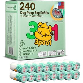 Poop Bags for Dogs - Certified Compostable Pet Dog Poop Bags Rolls Refill Made in USA 240 Bags (16 Rolls) - Leakproof Extra Thick Pet Waste, Eco Friendly Plant Based Material Color Coded for Easy Use