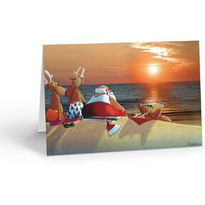 Stonehouse Collection| Santa at the Beach Sunset Christmas Cards | 18 Fun Christmas Cards & Envelopes | Enjoying a Beach Sunset (Standard)