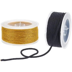 OLYCRAFT 54.7 Yards/50m 2.5mm Twisted Nylon Cord 3-ply Satin Nylon Trim Cord Macrame Thread String Cord Braided Beading Cord Chinese Knotting Cord for DIY Crafts Bracelet Jewelry Making - Black & Gold