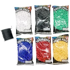 5,400 PCS Wordless Bracelet Kit- Black, White, Red, Green, Yellow, Blue Plastic Beads-6 Pack- 9mm Opaque 900 Count Each- 100 Yards Waxed Cotton Thread Cord