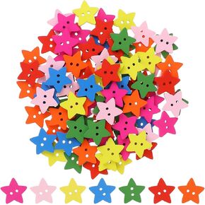 100 Pcs Wooden Star Buttons Vintage Five-Pointed Star Button Colorful Pentagram Button with 2 Holes Wood Crafts Decor Antique Sewing Buttons Handmade Tags for Skirts Art Crafting DIY