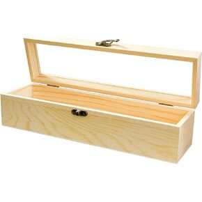 HAN SHENG 11.8''x3.4''x3.2'' Unfinished Wood Gift Box Window Wooden Box with Hinged Lid Tiny Wooden Box for Arts Crafts Birthday Party Favor Jewelry Box
