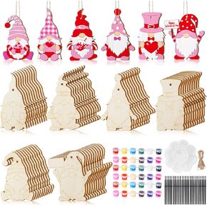 Gerrii 60 Sets Valentine‘s Day Wooden Gnome Hanging Ornaments Valentine Unfinished Gnome Cutouts Slices Paint Your Own Elf Wooden Decoration with Rope for Home Decor