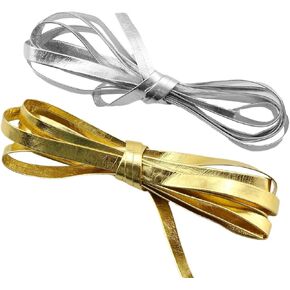 PZRT 4 Yards PU Faux Leather Cord Flat Leather Cord for Bracelet Jewelry Beading String Ribbon Craft (2 Yards x Gold + 2 Yards x Silver)
