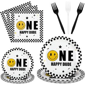 Sunnyray 96 Pcs One Happy Dude Birthday Party Paper Plates Napkins Forks Yellow Smile Face Black White Checkered Party Tableware Supplies for 1st Birthday Baby Shower Wedding, Serves 24