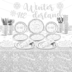 197 Pcs Winter Onederland Party Supplies Silver Snowflake Plates Napkins Cup 1st Party Birthday Tableware for Winter Onederland Snowflake First Birthday Frozen Party