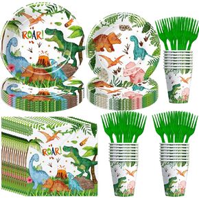 Dinosaur Birthday Decorations Tableware - Dino Dinosaur Birthday Party Supplies For Kids, Paper Plate, Cup, Napkin, Disposable Fork, Dinosaur Party Decorations For Baby Shower | 24 Guests
