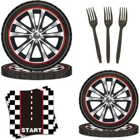 68 Pcs Racing Themed Party Tableware Racing Wheels Dining Plates and Race Tires Car Track Napkins Set for 16 Guests for Decorating Boys' Birthday Parties