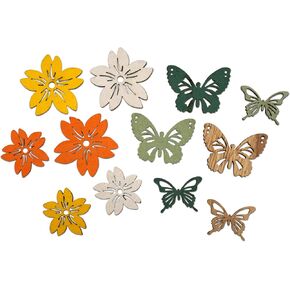 Novel Merk Spring Butterfly & Flower Miniature Spring Time Themed Arts and Crafts Wood Cut Out Embellishments,Blossom & Butter Fly (12 Pieces) Green, Orange, Yellow, White & Tan 0.8 to 1.5inch