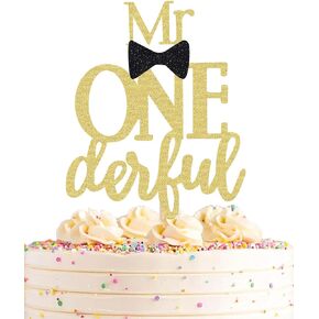 Mr Onederful Cake Topper - Gold Glitter Baby Boy Bow Tie First Birthday Party Cake Decoration Supplies, Perfect for Baby Shower/Gender Reveal Party/Baby Party Photo Booth Props