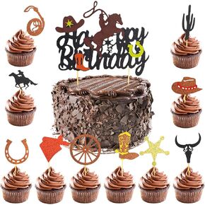 11 Pcs Cowboy Cupcake Toppers Glitter HorseShoe Cowboy Hats Boots Cupcake Picks Happy Birthday Western Cake Decorations for Rodeo Birthday Baby Shower Party Favors Supplies