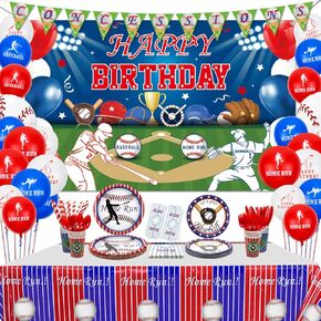 Baseball Party Supplies Sports Tableware Party Pack for Baseball Themed Birthday Party, Happy Birthday Backdrop Plates, Cups, Napkins, Cutlery, Baseball Tablecloth, Baseball Balloons Serves 20