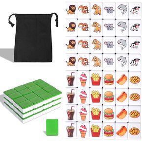 GRACIAS 2 Players Mahjong Block Set, Mahjong Tile Game with 50 Premium Pink Tiles(30mm) Animal and Food Pattern, Portable Mahjongg Set with A Carry Bag