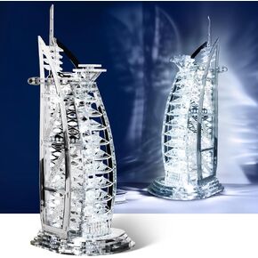3D Puzzle Burj Al Arab Building Model Kit, DIY Dubai Landmark Building Model with LED Light, Home Decor Festival Gift for Adults & Children 100PCS (Silver)