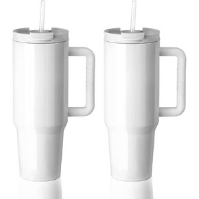 PYD Life 2 Pack 40 OZ Sublimation Tumblers with Handle White Blanks Stainless Steel Cups Mugs with Lid and Plastic Straw for Sublimation Oven Tumbler Heat Press Printing