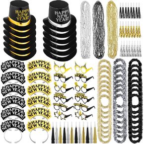 Fovths 132 Pieces 2025 New Years Eve Party Supplies Includes Glasses Top Hats Headband Noisemakers Horns Bead Necklaces Plastic Leis New Year Party Favors for Celebration Decoration Gift