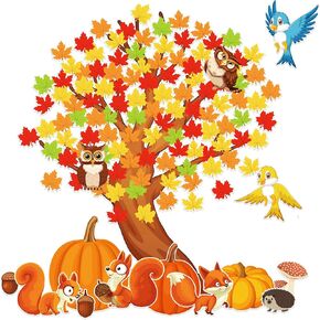 155 Pieces Fall Tree Bulletin Board Decorations Classroom Tree Bulletin Board Set Autumn Animal Bulletin Borders Decoration Bulletin Board Tree Cutout Maple Leaves Pumpkin Cutouts for Wall Decoration