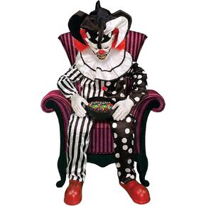 Haunted Hill Farm Hartley The Sitting Scare Clown من Tekky، متحرك متحرك متحرك للهالوين من أجل تزيين مزحة حفلات الهالوين، أو دعامات الهالوين التي تعمل بالبطارية