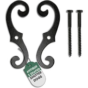 Renovators Supply Black Shutter Dog Holders 6.5 Inches Long Antique Decorative S Style Solid Aluminium Black Rust Resistant Powder Coated External Shutter Tieback Hardware Including Mounting Screws