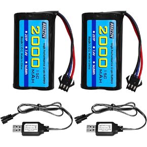 2PCS 7.4V 2000mAh 15C 2S SM-3P Plug Lipo Battery with USB Charging Cable for DE43 DE60 9500E RC Car Truck Huina 1575 RC Engineering Vehicle RC Toy Car Battery (2PCS Battery+2USB)