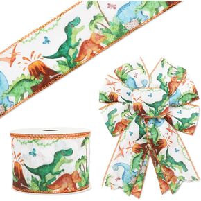 Dinosaur Wired Edge Ribbon Watercolor Green Jurassic Craft Ribbon Cute Animal Fabric Ribbon for Baby Shower Wreath Bow DIY Wrapping Party Decor, 12 Yard