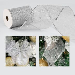 4 Inch Christmas Wired Ribbon, 4'' x 10 Yds (30 Feet), Metallic Silver, Burlap Ribbon, Extra Wide Xmas Wired Edged Ribbon for Tree Skirt, Staircase Decoration, Topper Bow