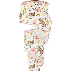 AnyDesign Easter Wired Edge Ribbon Spring Floral Bunny Wired Ribbon Watercolor Easter Rabbit Flower Fabric Craft Ribbon for Gift Wrapping Floral Arrangement Wreath Bow DIY Crafts, 12 Yards, 2.5 Inch