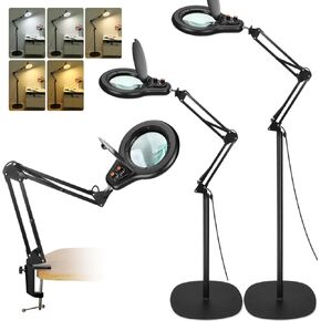 10X Magnifying Glass with Light and Stand, Switch Knob for Multi-Color Modes Stepless Dimmable, 3-in-1 Adjustable Swing Arm Floor Lamp, Hands Free Lighted Magnifier for Reading Esthetican Close Work